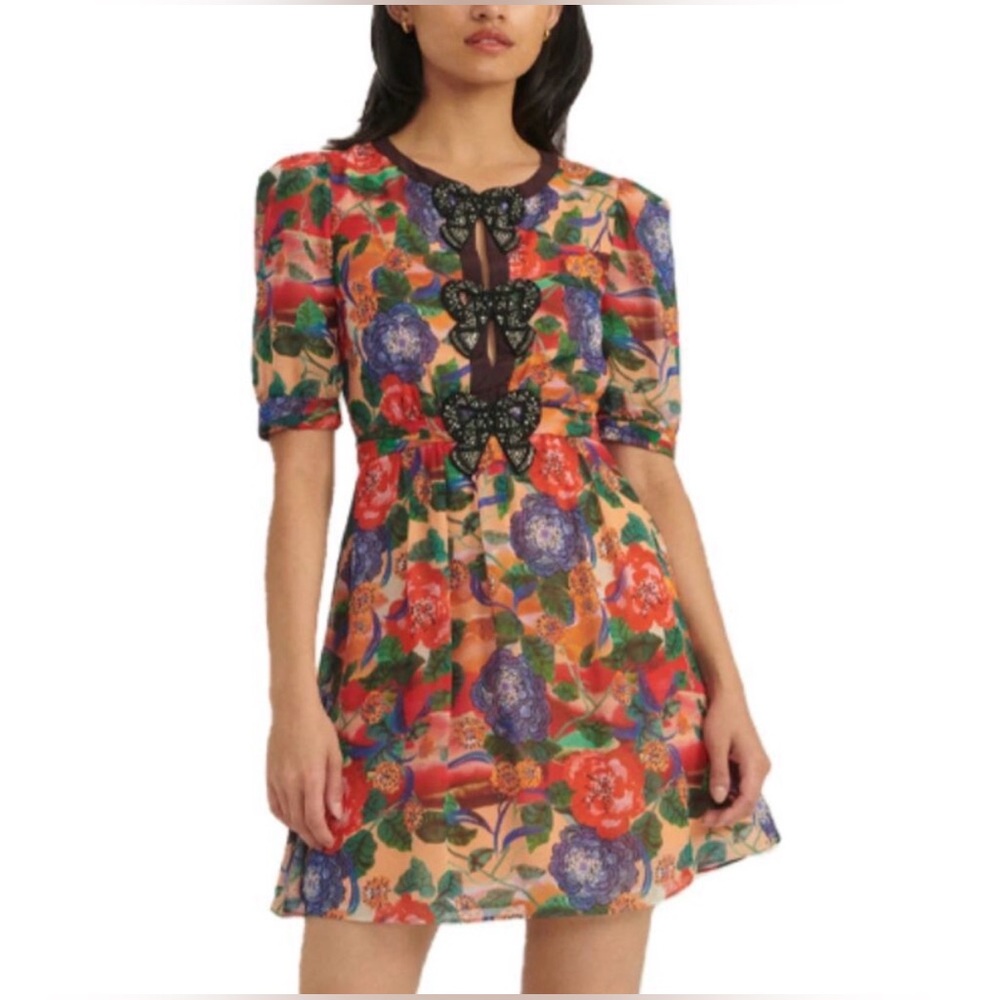 SALONI Jamie short a-line silk dress in the Dianthus print with bows